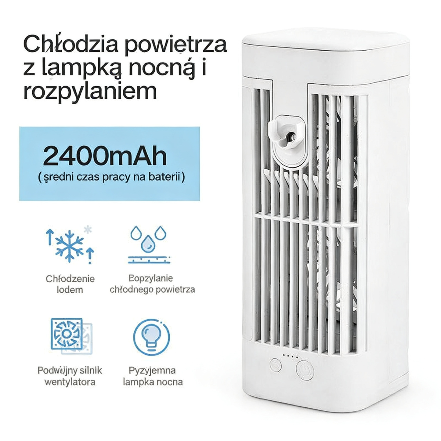 ❄️ Biurkowy Klimator Powietrza USB z Funkcją Mgiełki i Lampką LED – Możliwość Dodania Lodu dla Natychmiastowego Chłodzenia