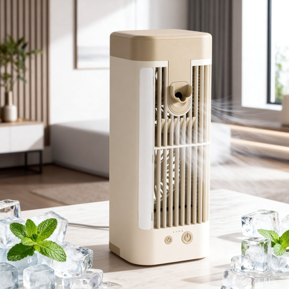 ❄️ Biurkowy Klimator Powietrza USB z Funkcją Mgiełki i Lampką LED – Możliwość Dodania Lodu dla Natychmiastowego Chłodzenia